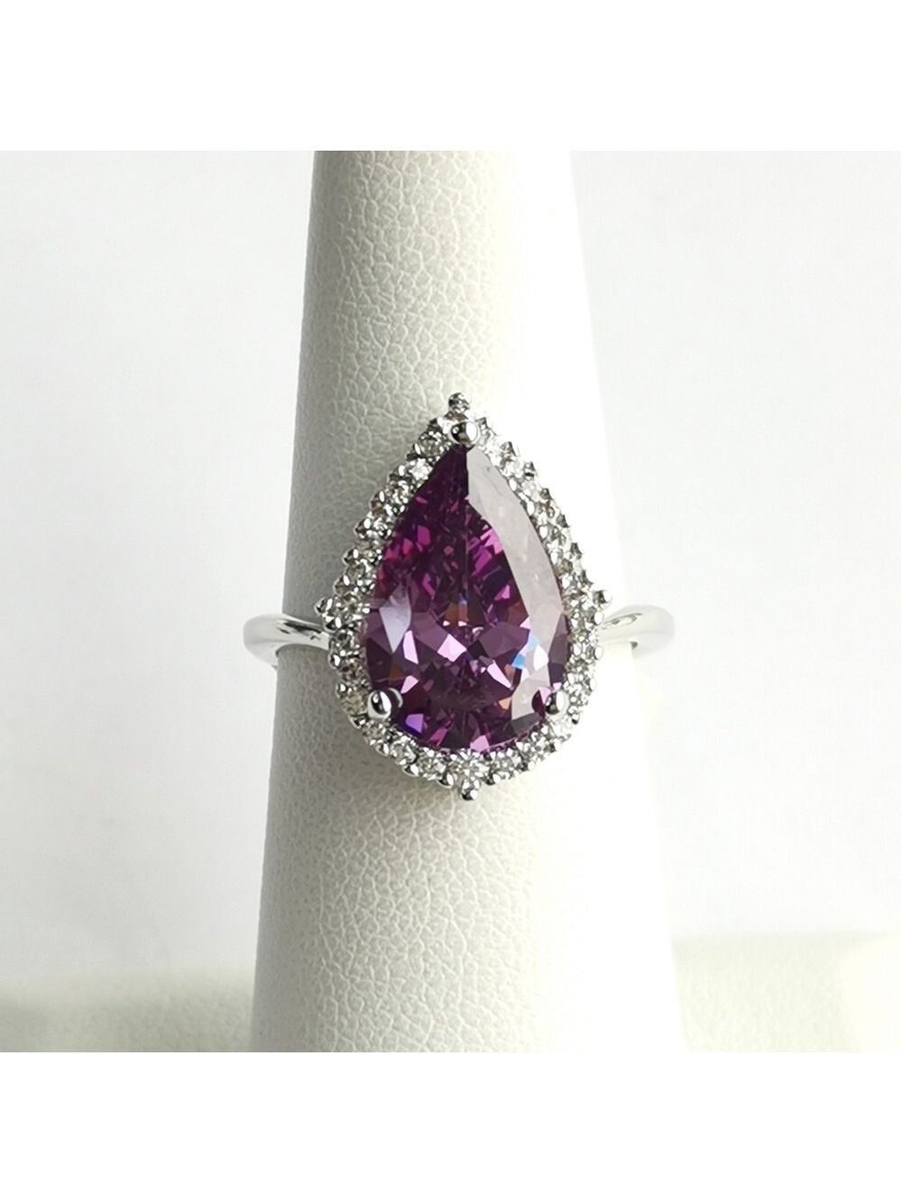 Amethyst CZ Halo Ring Teardrop Pear Cut Size 6